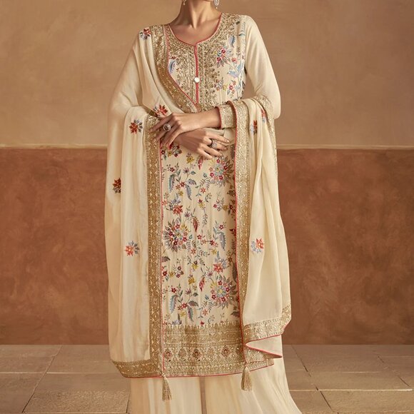 Pakistani Cream Embroidered Chinon Silk Readymade Palazzo Suit - Picture 1 of 2